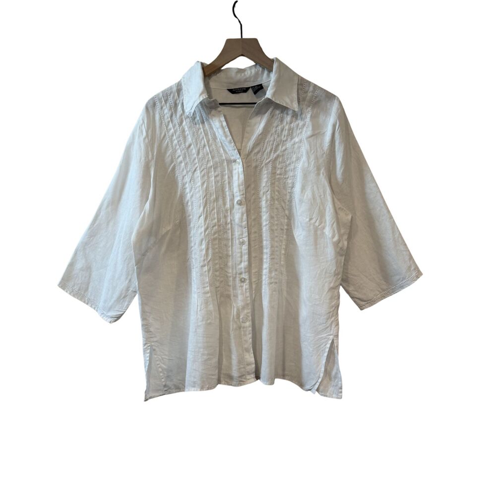 Autograph Woman White 3/4 Length Sleeve Pleated Button Down Linen Blouse Size 1X